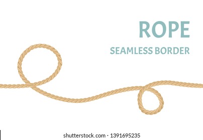 Rope seamless border. Twisted jute cord with loops isolated on white background. Vector illustration of cord swirl in cartoon flat simple style. Graphic decorative element for design.