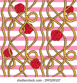 Rope seamless pattern with pink,white  lines and red rose.