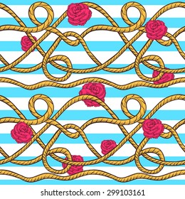 Rope seamless pattern. White and blue lines and pink rose.