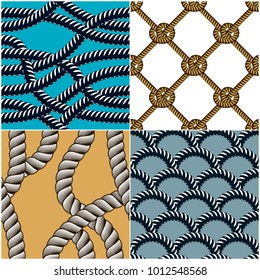 Rope seamless patterns set, trendy vector wallpaper backgrounds collection. Endless navy illustrations with fishing net ornament and marine knots. Usable for fabric, wallpaper, wrapping, web and print