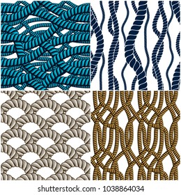 Rope seamless patterns set, trendy vector wallpaper backgrounds collection. Endless navy illustrations with fishing net ornament and marine knots. Usable for fabric, wallpaper, wrapping