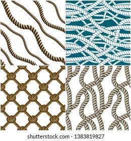 Rope seamless patterns set, trendy vector wallpaper backgrounds collection. Endless navy illustrations with fishing net ornament and marine knots.