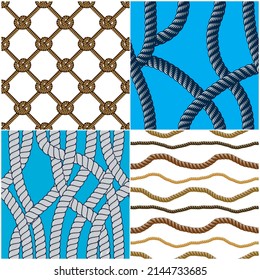 Rope seamless patterns set, trendy vector wallpaper backgrounds collection. Endless navy illustrations with fishing net ornament and marine knots.