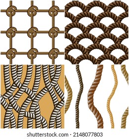 Rope seamless patterns set, trendy vector wallpaper backgrounds collection. Endless navy illustrations with fishing net ornament and marine knots.