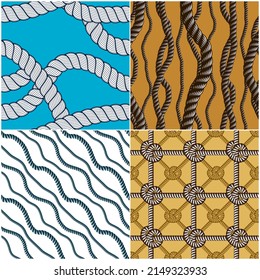 Rope seamless patterns set, trendy vector wallpaper backgrounds collection. Endless navy illustrations with fishing net ornament and marine knots.