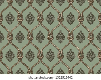 Rope seamless tied fishnet damask pattern. Blue and brown colors. Rich ornament, old Damascus style pattern for wallpapers, textile, Scrapbooking etc.
