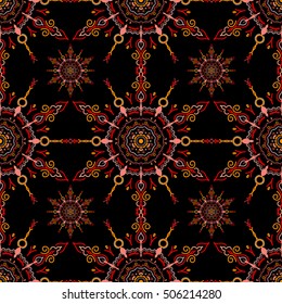Rope seamless tied fishnet damask pattern in orange colors. Vector wallpaper.