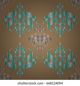 Rope seamless tied fishnet damask pattern in green and blue colors. Vector wallpaper.