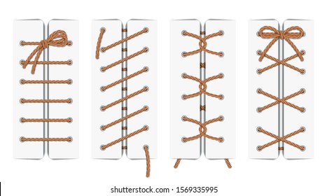 Rope. Set of different laces. Cross to cross straight oblique lacing of shoes, fabric and paper. Design element for advertising banner, booklet, poster. Isolation. Vector illustration