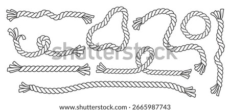 Rope set. Hand drawn doodle ropes isolated in various shapes, nautical cords. Rope circle border. Marine and climbing Cords templates. Vector illustration for decoration, crafts, sailing