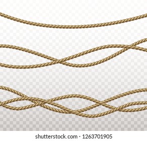 Rope set isolated on transparent background. Vector realistic texture string, jute, thread, cord and gym training rope pattern.