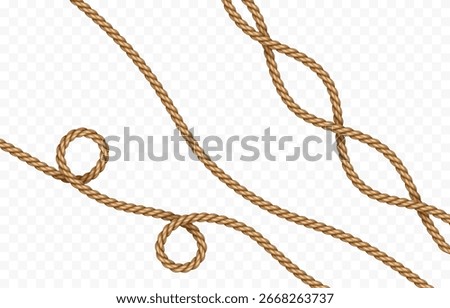 Rope set isolated on transparent background. Vector realistic texture jute, lace or cord elements. 3d fiber strings