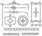 Rope. Set of various decorative rope elements. Rope frames, laces, knots and vintage decorations. Nautical rope, decorative divider. Isolated black outline. Vector illustration