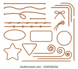 Rope. Set of various decorative rope elements. Rope frames, laces, knots and decorations. Nautical rope, shoe lacing, decorative binding of paper and fabric. Isolation. Vector illustration