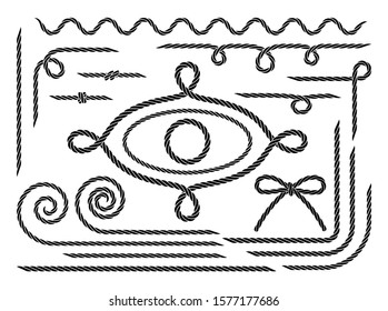 Rope. Set of various decorative rope elements. Frames, laces, knots and decorations. Nautical rope, shoe lacing, decorative binding of paper and fabric. Black silhouette. Isolation. Vector 