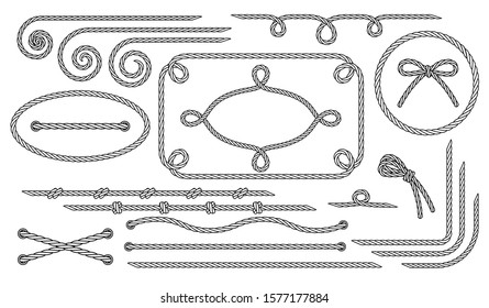 Rope. Set of various decorative rope elements. Frames, laces, knots and decorations. Nautical rope, shoe lacing, decorative binding of paper and fabric. Isolated black outline. Vector illustration