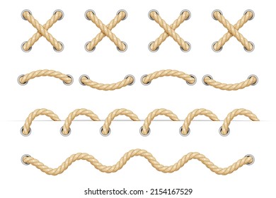 Rope. Conjunto de varios elementos decorativos de cuerda. Cordones, nudos y decoraciones. cuerda náutica, colocación de zapatos, fijación decorativa de papel y tela. Aislamiento. Ilustración del vector