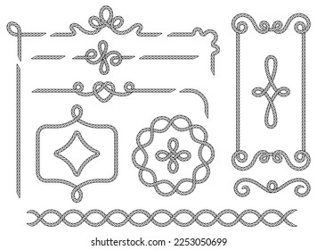 Rope. Conjunto de varios elementos decorativos de cuerda. Marcos, encajes, nudos y decoración vintage. cuerda náutica, divisor decorativo. Esquema negro aislado. Ilustración del vector