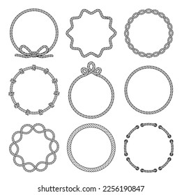 Rope. Set of various rope frames and round decorative elements. Frames, laces, knots and decorations. Nautical rope. Isolated black outline. Vector illustration