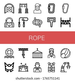 rope simple icons set. Contains such icons as Net, Gym bag, Pulley, Skipping rope, Sailor, Rope, Carabiner, Label, park, Life saver, can be used for web, mobile and logo