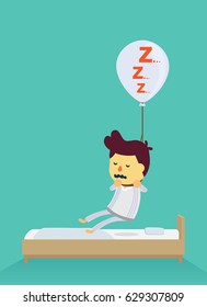 Rope of snoring sound balloon hanged man and lifting his body from bed for killing. Illustration about danger of Snoring.