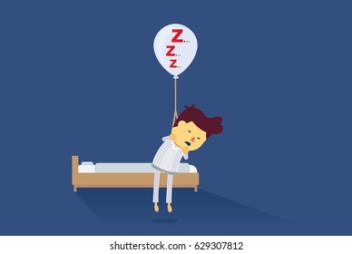 Rope of Snoring sound balloon hanged man and lifting his body from bed for killing. Illustration about danger of Snoring.