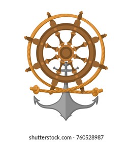 Rope, steering wheel and anchor. Sea emblem. Vector illustration
