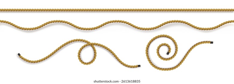Rope string collection - wavy curved lines tied in loops. Realistic skein cord elements for borders, dividers and frames. Twisted hemp fiber thread set. Braided jute twine strands, nautical decor.
