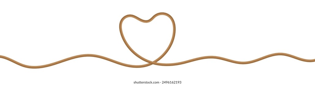 Rope string in heart shape, realistic jute cord, hemp twisted rope isolated on white background. Vector illustration.