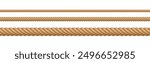 Rope string, realistic jute cord, hemp twisted rope isolated on white background. Vector illustration.