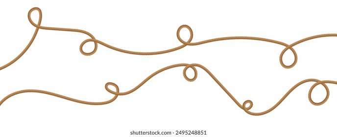 Rope string, realistic jute cord, hemp twisted rope isolated on white background. Vector illustration.