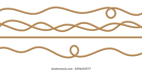 Rope string, realistic jute cord, hemp twisted rope isolated on white background. Vector illustration.