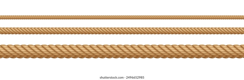 Rope string, realistic jute cord, hemp twisted rope isolated on white background. Vector illustration.