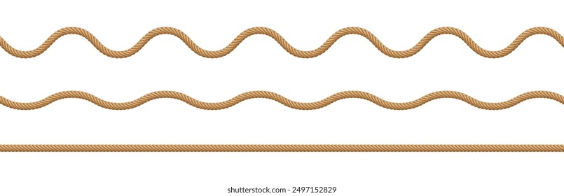 Rope string, realistic jute cord, hemp twisted rope isolated on white background. Vector illustration.