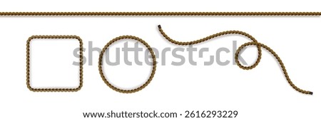Rope string tie - brown wavy lines, shapes and frames. Twisted cables in spiral forms, curved borders, decorative design textured threads pattern, winding strands ornament framing material set.
