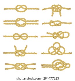 Rope string and twine with knots node and noose realistic color decorative icon set isolated vector illustration 