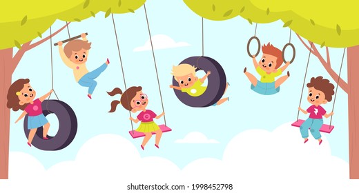 Rope swing. Happy cute children hang on swings, outdoor kids games, little boys and girls altitude flying back and forth. Summer playground or game zone in park, vector cartoon concept