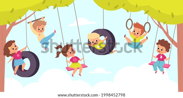 Rope swing. Happy cute children hang on swings,
outdoor kids games, little boys and girls altitude flying back and
forth. Summer playground or game zone in park, vector cartoon
concept