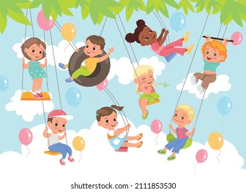 Rope swing. Young acrobats. Boys and girls swinging under tree leaves. Children characters flying on bungee and wheels. Outdoor games. Kids have fun in nature. Summer