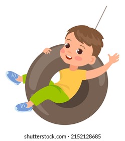 Rope swings. Kid swinging on wheel. Boy riding rubber tire. Park recreation. Child playing in playground. Summer outdoor leisure. Young person and hanging on tree tyre