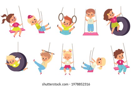 Rope swings kids. Cartoon boys and girls flying on seesaw. Types set of children carousels. Babies play on playground.. People walk and have fun in park. Vector outdoor activities