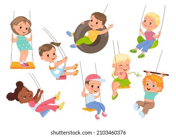 Rope swings kids. Cute little boys and girls flying various types swings, childish outdoor plays, happy preschoolers attractions, outdoors carousels, vector cartoon flat