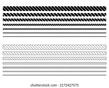 Rope symbol set. Different thickness line and silhouette ropes for decoration. Vector isolated on white.