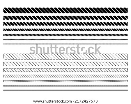 Rope symbol set. Different thickness line and silhouette ropes for decoration. Vector isolated on white.