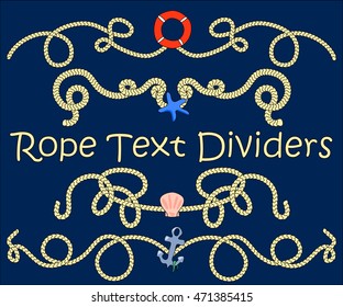 Rope text divider with nautical element. Hand-drawn vector illustration. Summer travel theme clipart with rope, sea shell, starfish, ship anchor, lifebuoy. Sailor decoration for web design, paper card