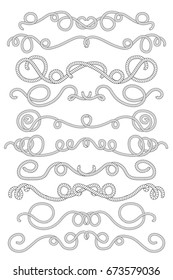 Rope text dividers in black and white. Summer marine vector clipart. Monochrome rope pattern borders or frames. Beach wedding decorative element. Ship rope loops ornament. Nautical tackle separators
