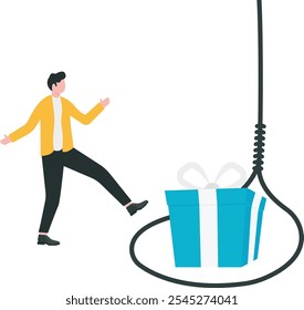 Rope trap with gift box with free sign, Businessman and Rope trap. Fraud, freebies, crime and lies.

