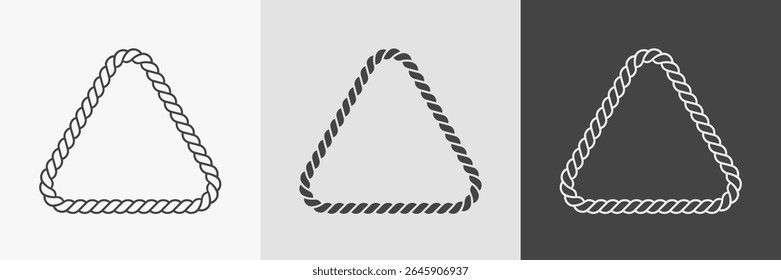 Rope triangular frames. Set of border cord silhouette, line art and inversion. Seamless shape. Jewelry design, text frame. Vector illustration