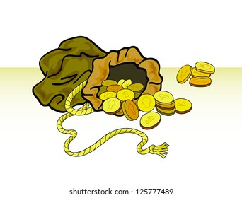 Rope untied. Money poured out of the bag. Antique gold coins.