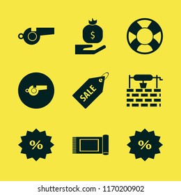 rope vector icons set. with carpet, whistle, lifebuoy and sale tag in set